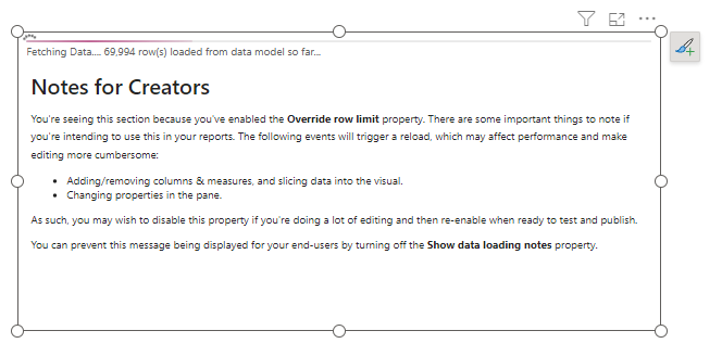 Состояние загрузки дополнительных строк после включения Override row limit