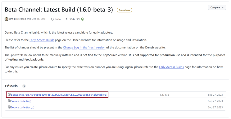 В репозитории GitHub есть страница бета-выпуска, где можно скачать файл визуального элемента Power BI (.pbiviz) последней бета-версии.