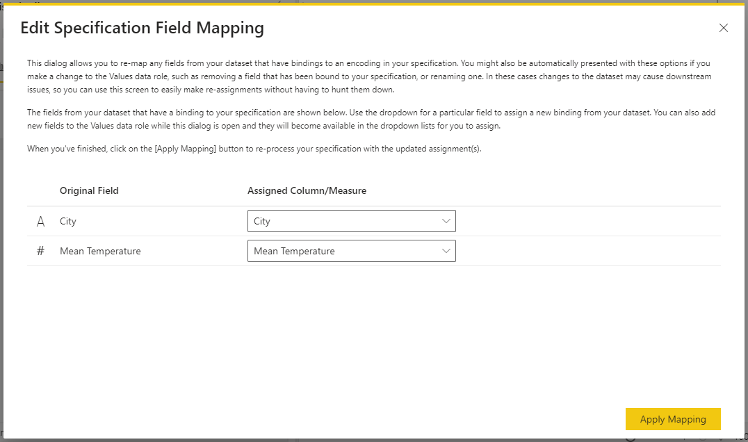 Диалог Edit Specification Field Mapping позволяет изменить назначения полей набора данных, используемых в кодированиях или выражениях спецификации.