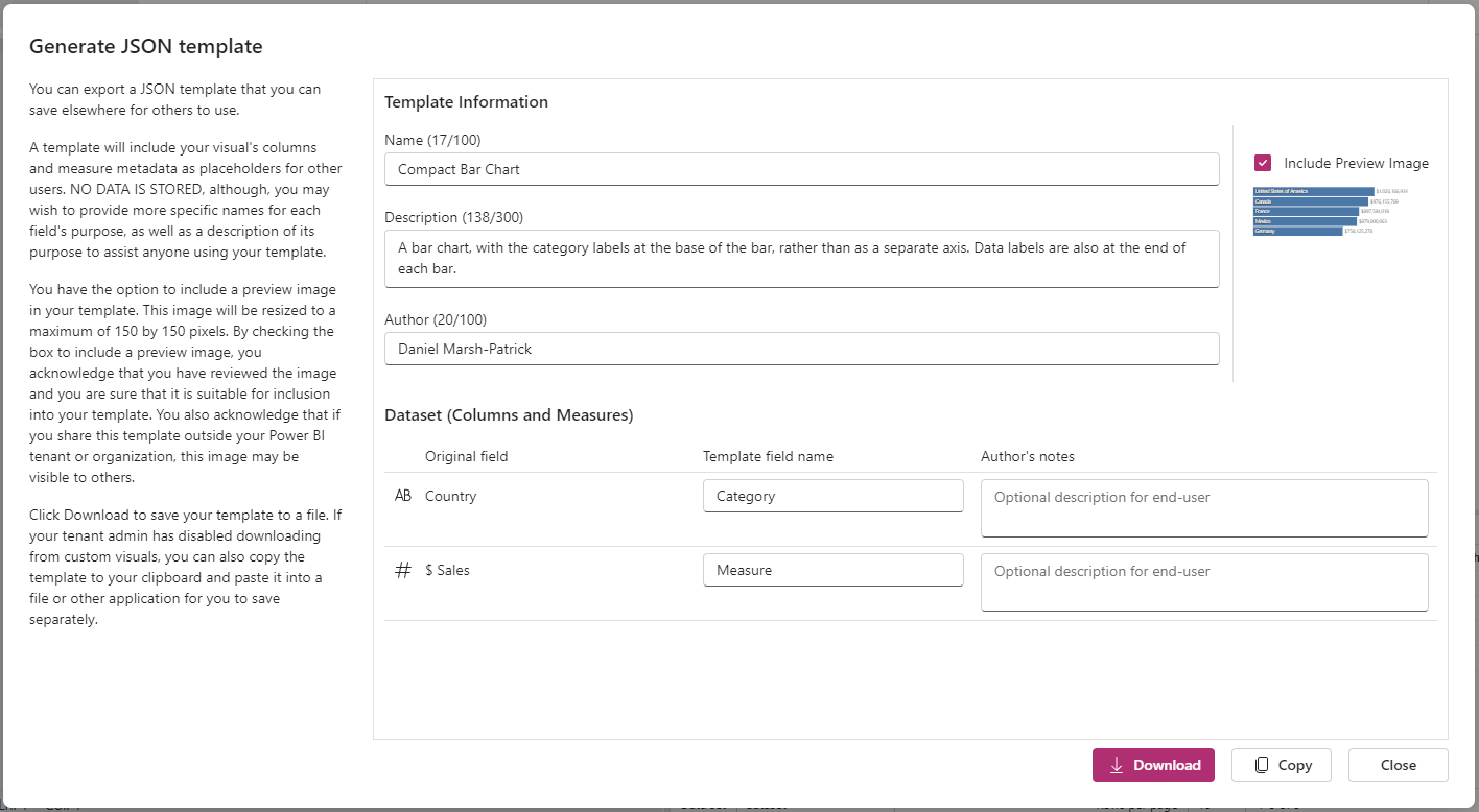 Диалог Generate JSON template объединён в одну панель и позволяет скачать шаблон непосредственно в файл, если это разрешил администратор.