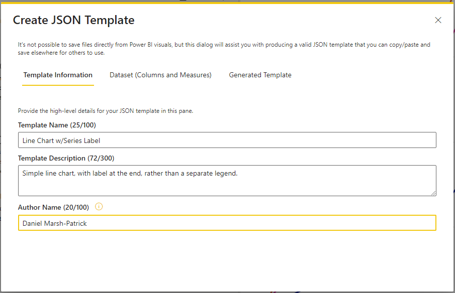 Диалог Generate JSON Template позволяет создать и настроить вариант спецификации для передачи другим пользователям. Заполнение сведений о шаблоне