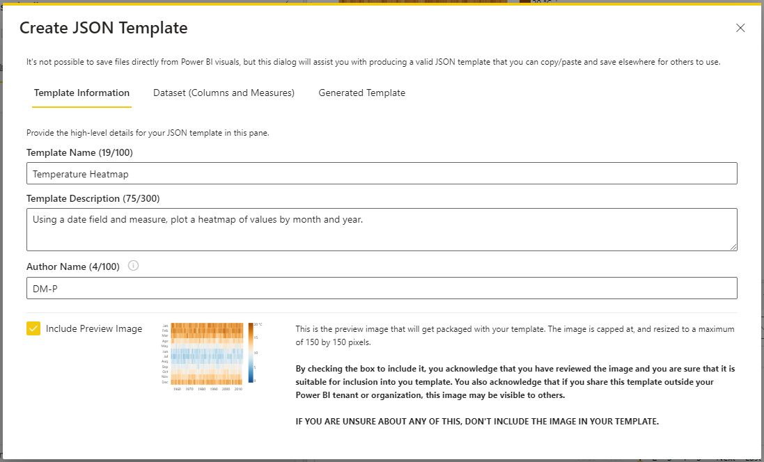Диалог Generate JSON Template позволяет создать и настроить вариант спецификации для передачи другим пользователям. Заполнение сведений о шаблоне