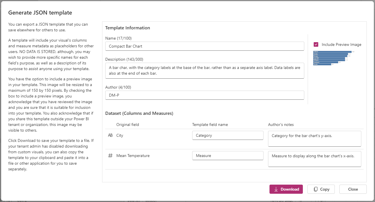 Диалог Generate JSON Template позволяет создать и настроить вариант спецификации для передачи другим пользователям. Заполнение сведений о шаблоне