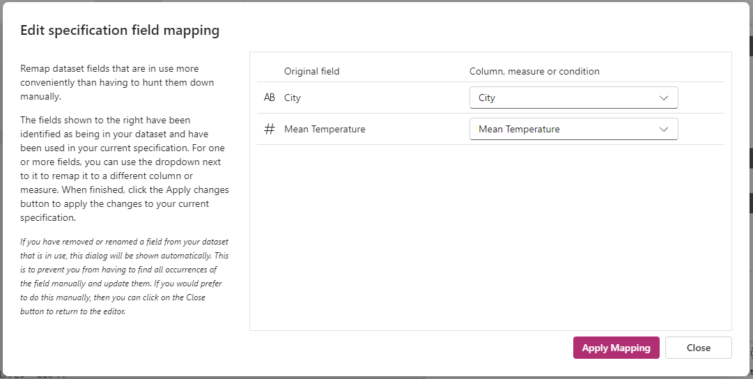 Диалог Edit Specification Field Mapping позволяет изменить назначение полей набора данных, используемых в кодированиях или выражениях спецификации. Диалог изменения сопоставления полей спецификации