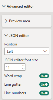 Свойства JSON-редактора в панели форматирования Power BI